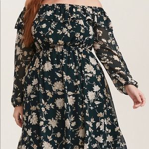 Green Floral Print Off Shoulder Skater Dress